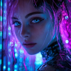 Futuristic cyberpunk woman in the city at night. Female cosplay character in a futuristic city. Beautiful young cyborg girl in tech wear in a neon-lit 