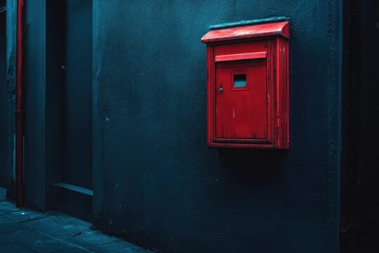 A cinematic composition with a red postbox in a narrow alleyway, positioned against a navy blue wall, dramatic lighting.