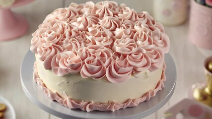 Beautifully decorated cake with pink frosting roses on a display stand in an elegant setting