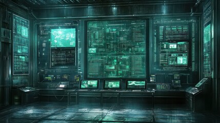 Futuristic surveillance room with multiple screens displaying complex data