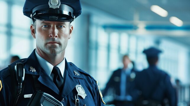 Serious Looking Male Airport Security Officer in Uniform Monitoring and Securing Airport Facility Terminal with Alert Vigilance and Command - Powered by Adobe