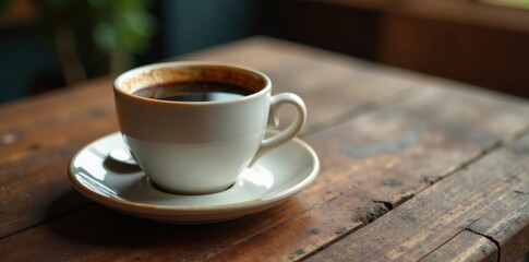 Obraz premium Rich espresso coffee cup on worn wooden table, cup, wood, warm