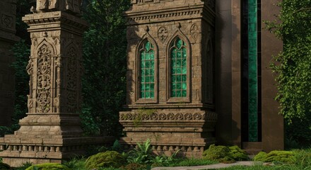 Obraz premium Ancient Stone Architecture Gothic Windows Overgrown Ruins Mystic Forest Setting