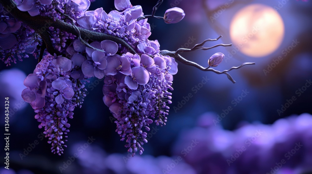 Poster a purple flower with a moon in the background