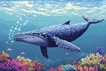 A pixel-art animated blue whale swimming gracefully through an 8-bit ocean, blowing playful bubbles as it glides past coral reefs