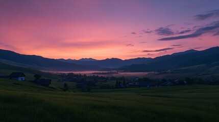 Obraz premium Majestic dawn hues illuminate a rural village nestled amongst rolling hills