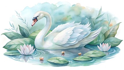 watercolor artwork illustration Graceful swans glide serenely across the tranquil lake