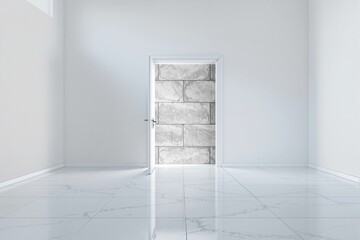 Minimalist white room with open door leading to a blocked concrete wall.
