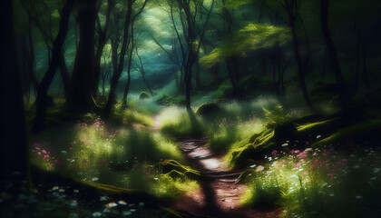 Obraz premium A serene forest path with scattered wildflowers. A Journey Through Light and Shadow. Ai Generative