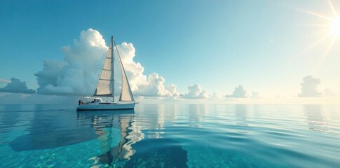 Obraz premium Sailboat anchored on calm ocean with vibrant marine life, nautical decor, marina decor