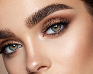 Obraz premium Close-up macro of beautiful female eye with perfect shape eyebrows. Clean skin, fashion naturel make-up. Good vision