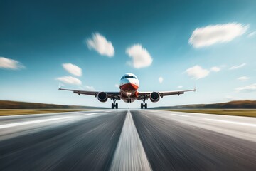 A plane speeding down a runway with motion blur, its wheels gripping the tarmac, framed by a clear, vast blue sky
