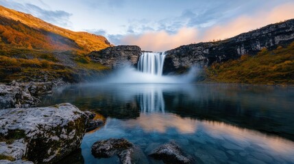 Fototapeta premium Waterfall landscape idea. Breathtaking waterfall cascades into a serene lake surrounded by majestic mountains.