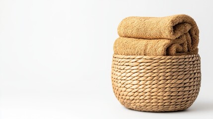 Obraz premium Cozy and stylish towels stacked in a woven basket, perfect for enhancing home decor and creating a warm, inviting atmosphere.
