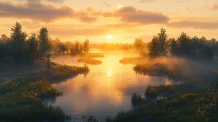 Fototapeta premium serene landscape sunrise, featuring calm river surrounded by lush greenery and mist. golden hour casts warm glow over tranquil scene