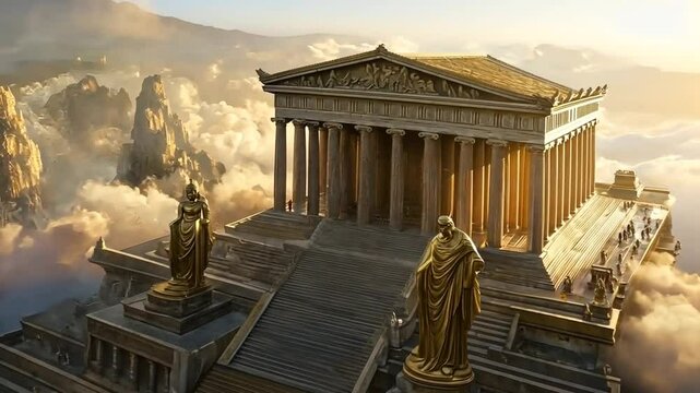 Majestic ancient Greek temple rising above the clouds at sunset. Mythological architecture concept