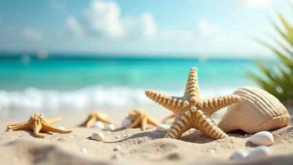 Sandy beach and shells are perfect for summer product backgrounds.