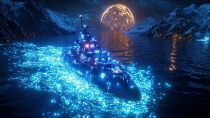 Futuristic warship glides through glowing water at night under a large moon.  Dark hull, bright blue lights illuminating the vessel and water.  Dramatic mountain backdrop