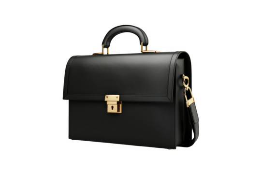 3D black briefcase with gold clasps and sturdy handle perfect for business and corporate mockups isolated on transparent background