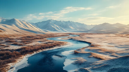 Obraz premium Snow Covered Mountains And Winding River Winter Landscape