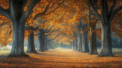 Macro flowers landscapes idea. Serene autumn landscape with trees adorned in vibrant orange leaves.