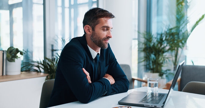 Man, lawyer and happy with laptop in office for legal review, contact or virtual consultation service. Person, attorney or advocate with computer, report and lead with info for court case at law firm