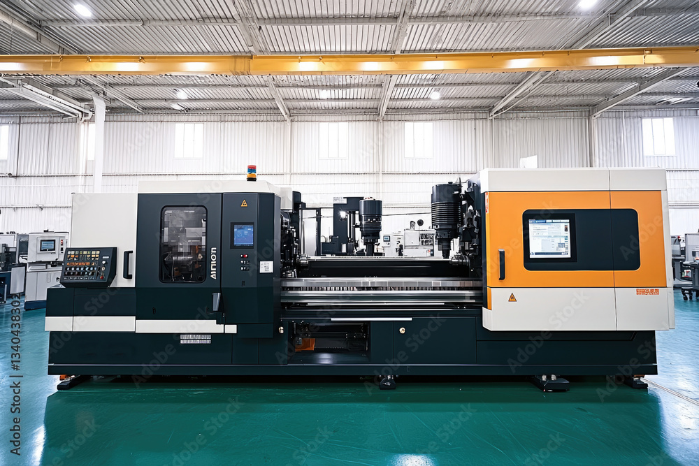 Poster Advanced injection molding machine in modern factory setting, showcasing precision engineering and industrial design