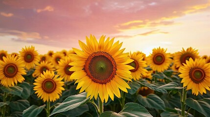 Obraz premium Macro flowers landscapes idea. Beautiful sunflowers glowing under a vivid sunset sky in a serene field setting.