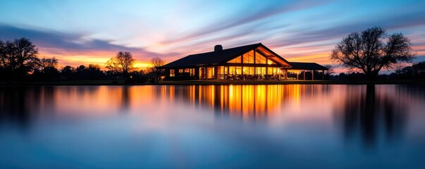 Fototapeta premium Lakeside sunset landscapes concept. A stunning sunset view of a modern house reflecting on a calm lake.