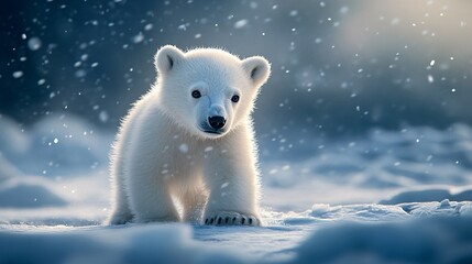 A fluffy polar bear cub stands in a snowy landscape