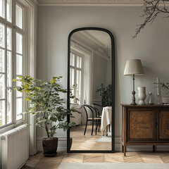 stylish interior featuring tall, thin black framed mirror reflecting cozy room with plant, wooden furniture, and elegant decor