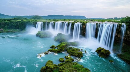 Fototapeta premium Waterfall landscape idea. Breathtaking view of a cascading waterfall surrounded by lush greenery.