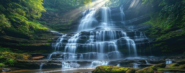 Waterfall landscape idea. Stunning waterfall cascades through lush greenery in a serene natural environment.