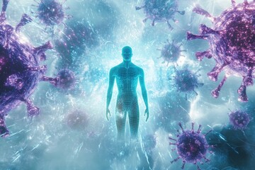 A cutting-edge dynamic graphic representing the concept of airborne infectious diseases. In the center is a human skeleton surrounded by 3D model viruses and bacteria.