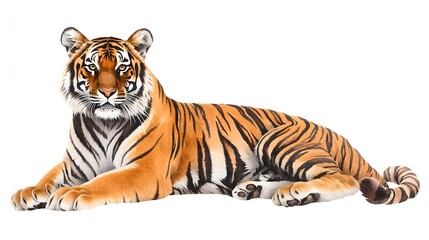 Obraz premium Majestic tiger with black stripes resting on a white background