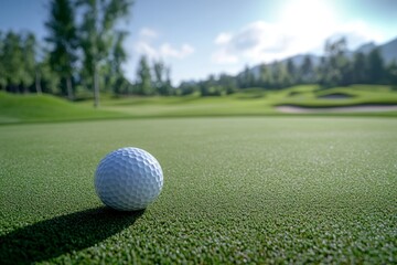 Fototapeta premium A golf ball on a well-maintained green lawn reflects the attention to detail in the course design, with the wavy grass and blurred background providing a beautiful view of the golf course.