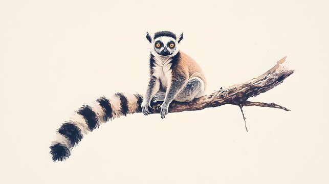 Ring tailed lemur sitting on a branch in watercolor style