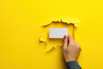 A clean-cut image of a credit card held by a manâ€™s hand against a bright yellow torn background, symbolizing the world of online consumerism.