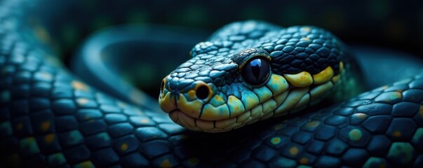 Obraz premium Snake with Blue Viper Pattern, Facial Closeup, snake facial, scale pattern