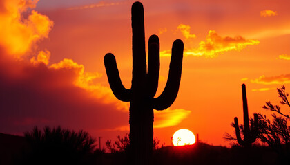 Majestic saguaro cactus silhouetted against a vibrant orange and purple desert sunset, with soft clouds glowing in the sky