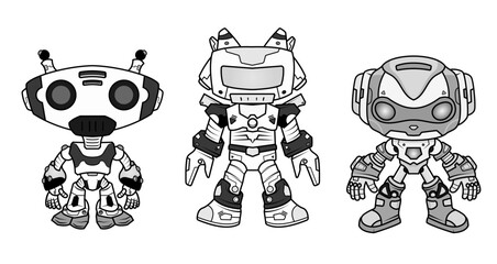 Set of robotic character black and white detailed robot for chatbot concepts projects Electronic equipment and humanoid on background