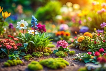 Miniature Garden: Fresh Flowers & Plants Scattered in a Natural Pattern - Tilt-Shift Photography