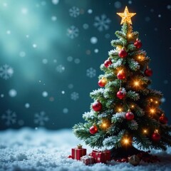 Snowflakes gently falling around Christmas tree, trees, outdoors, festive