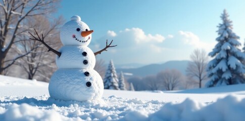 snowman standing alone in a snowy landscape with bare trees and blue sky, winter scenery, peaceful scene