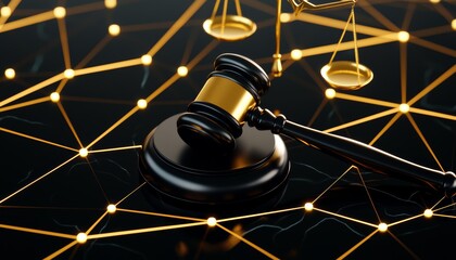 Ethical AI in legal proceedings, futuristic justice with technology integration, gavel and golden scales reflecting modern law innovations