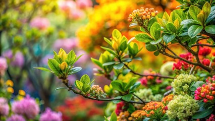 Dense foliage with vibrant green leaves and bursting buds in early spring, set amidst a tapestry of colorful flowers in bloom , bursting buds, early spring