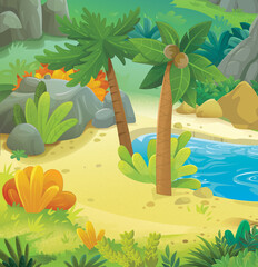 cartoon dinosaur land scene with animal dino in the jungle illustration for the children © honeyflavour