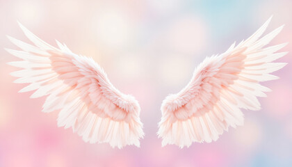 Fototapeta premium Angel wing and demon wing, ethereal wings, soft pink background 