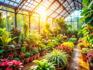 Miniature Greenhouse Plants: Vibrant Flora in a Glasshouse, Tilt-Shift Photography