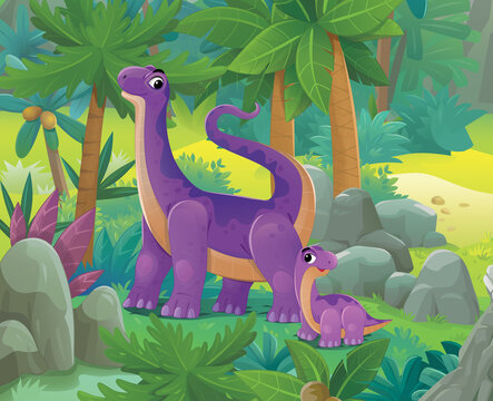 cartoon dinosaur land scene with animal dino in the jungle illustration for the children